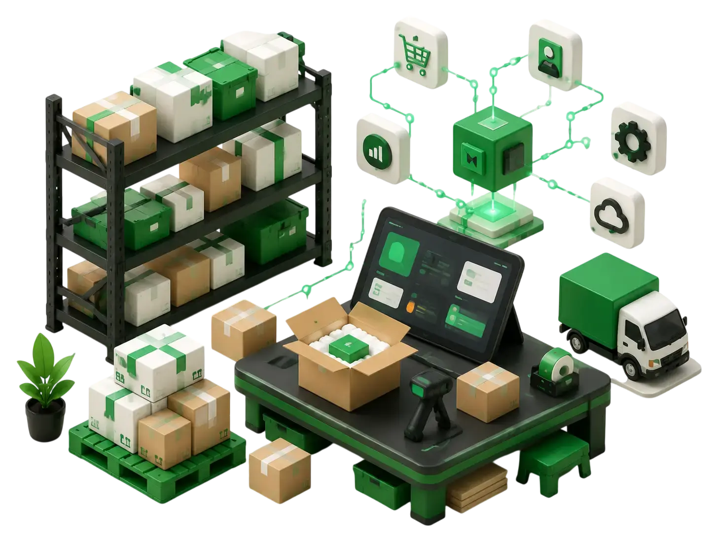 3D-иллюстрация склада, фулфилмента и API-интеграций
